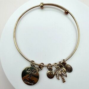 Vintage 90s Gold Tone Bangle Bracelet Palm Tree Heart Life's A Beach Charm Glass